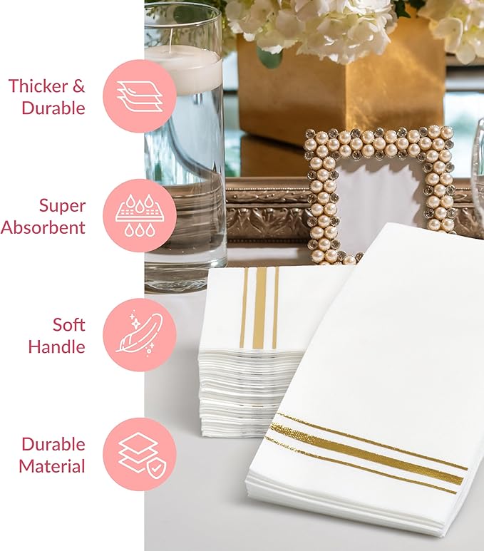 Prestee Disposable Guest Towels for Bathroom - Linen-Like Paper Hand Towels - White with Gold Stripes - 7.8"x4" Folded - 50 Count - Elegant Bathroom Napkins for Events and Parties