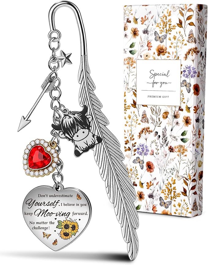 Buleens Bookmarks for Women Reading - Book Marks for Readers Book Lovers, Feather Highland Cow Farm Personalized Metal Bookmark with Pendants, Pretty and Aesthetic Book Accessories Reading Gifts