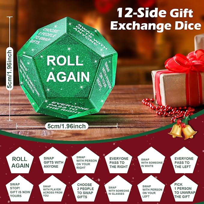 Santa Swap Gift Exchange Dice, Xmas Stocking Stuffers 2025, Snowflake Exchange Game, 12 Sided Dice for Holiday Parties, Family Gatherings & Office Events with Themed Gameplay Actions