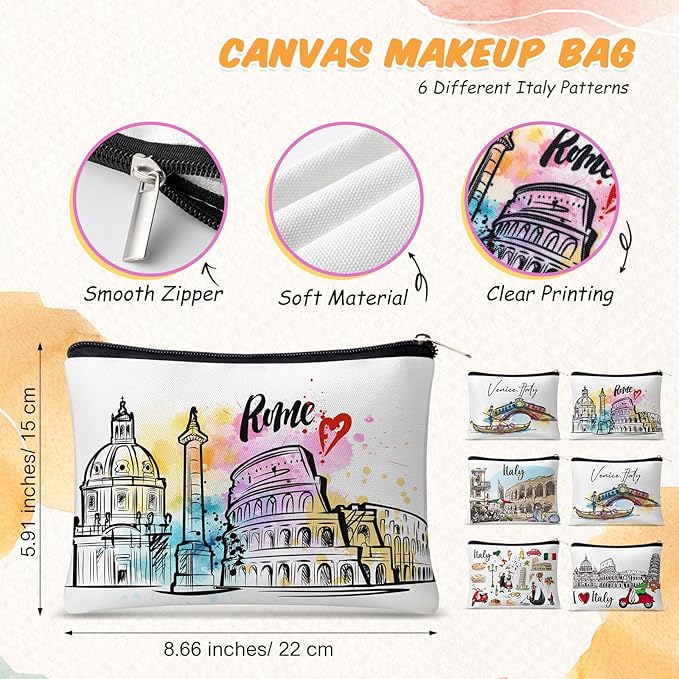 Reginary 6 Pcs City Cosmetic Bag Souvenir Gifts New York Zipper Pouch Chicago Souvenir Seattle Boston Nashville London Paris Italy Alaska Gifts Memento for Women Traveler(Italy)