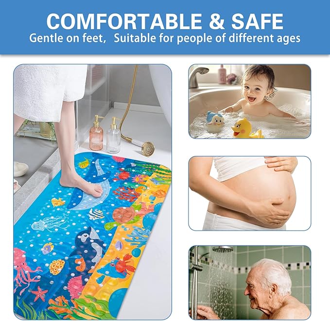 Kids Bath Mat with Ocean Theme Design, 27.6 X 13.8 inches, Non-Slip with 140 Suction Cups, Cartoon Sea Animals Pattern (Small Whale + Dolphin, 27.6 X 13.8in)