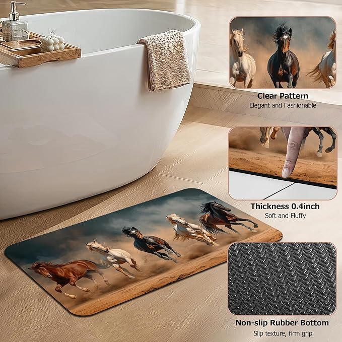 Non Slip Bath Mat,Horses Running Bathroom Decor,Desert Landscap Diatomaceous Bath Mat Quick Dry Absorbent Bathroom Rugs-Shower Rug for Kitchen Laundry Bathtub Shower 17"x29.5"