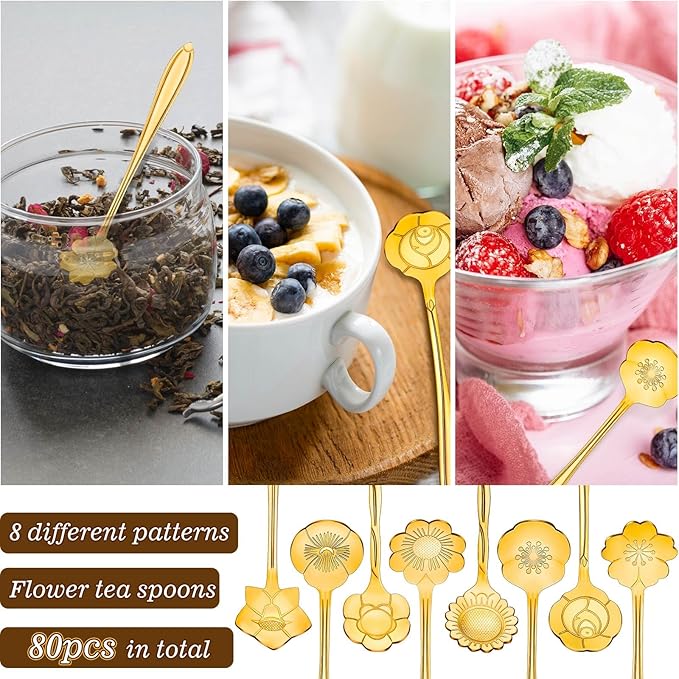Eboot 80 Pcs Gold Flower Teaspoon Stainless Steel Tea Party Spoons Mini Cute Teaspoon for Stirring Coffee Sugar Drink Demitasse Kitchen Bar Tableware Party Favors Decorations