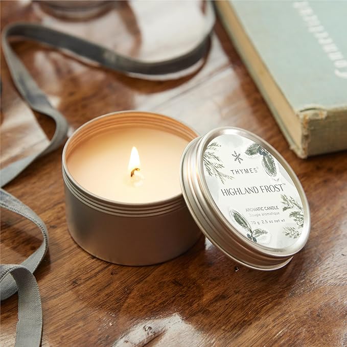 Thymes Travel Tin Holiday Candles - Scented Candles for Home Decor - Winter Scents - Christmas Gifts - Luxury Home Fragrance Gifts for Women & Men - Silver (Highland Frost, 2.5 oz)