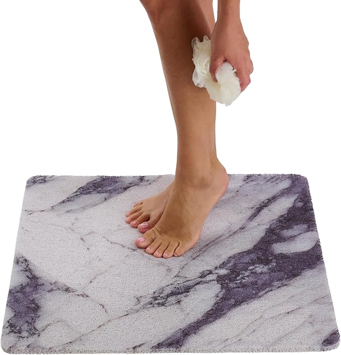 Enkosi Loofah Shower Mat Non Slip – Square Anti Slip Bath Mat for Inside Showers, Bathtub, Tub, Bathroom - Cushioned, Quick Dry PVC with Drain Holes - Secure Grip Safety Pad (Marble Grey Blue 24x24)