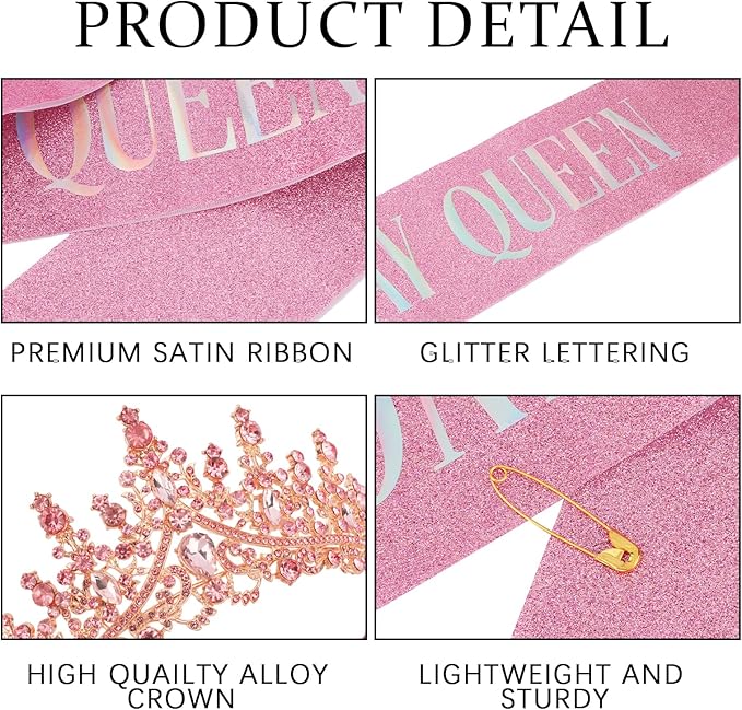 COCIDE Pink Birthday Queen Sash for Women Happy Birthday Crowns Princess Tiaras Sashes for Girl Crystal Party Decorations Rhinestone Headband Supplies Decor