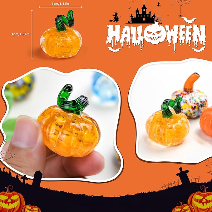 12PCS Glass Pumpkins Figurines for Halloween Thanksgiving Fall Harvest Christmas Decoration, Small Crystal Glass Art Pumpkin Paperweight Gifts