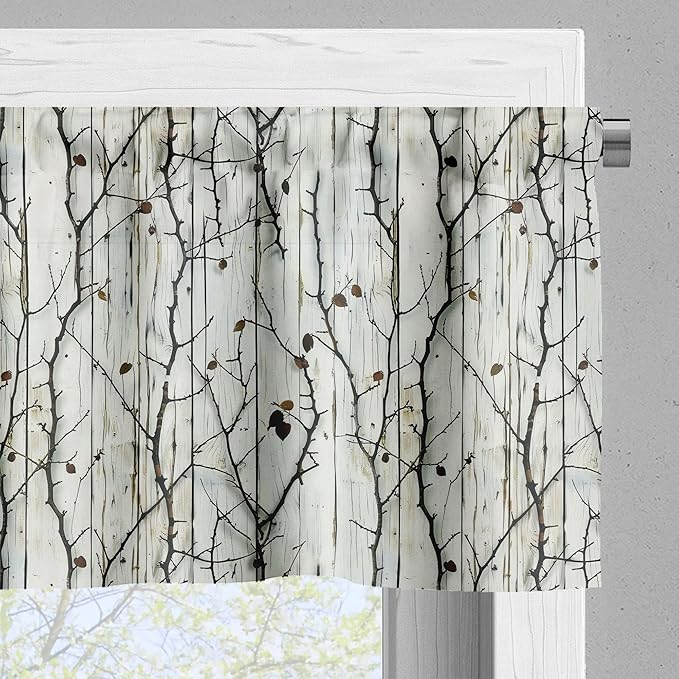 Ambesonne Farmhouse Window Valance, Autumnal Thin Tree Branches with Cocoa Tone Leaves on Rustic Back Print, Curtain Valance for Kitchen Bedroom Decor with Rod Pocket, 54" X 18", Off White Dark Brown