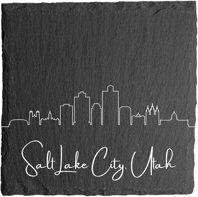 Blue Ridge Mountain Gifts - Salt Lake City UT Skyline Coasters, Set of 4 - Salt Lake City Utah Souvenir, Slate Coasters with Minimalist Skyline, Housewarming Gift for Friends, Family, & Neighbors