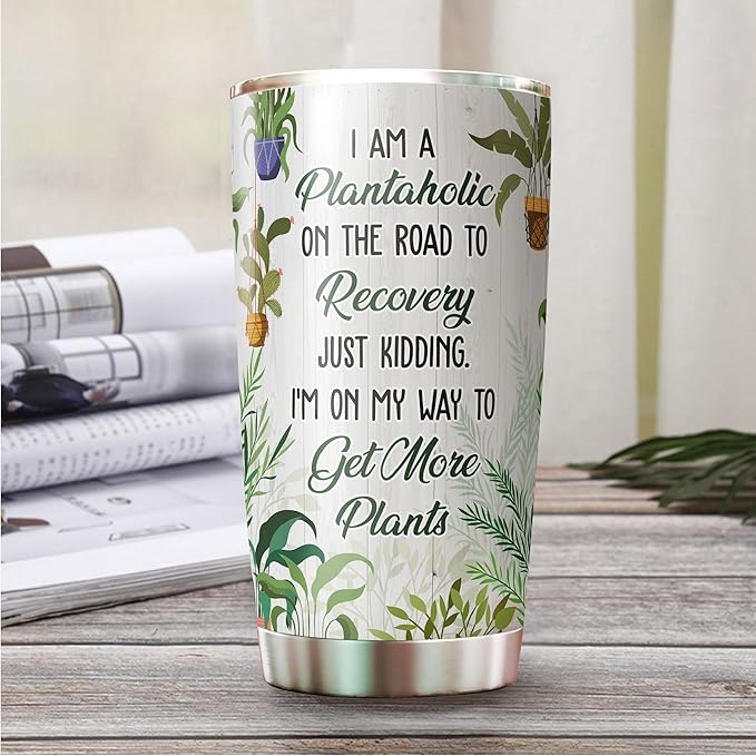 Plant Lover Stainless Steel Tumbler, 20 oz, Insulated, with Sliding Lid - Gifts for Gardeners, Plantaholic, Cactus Coffee Cup, Holiday Theme