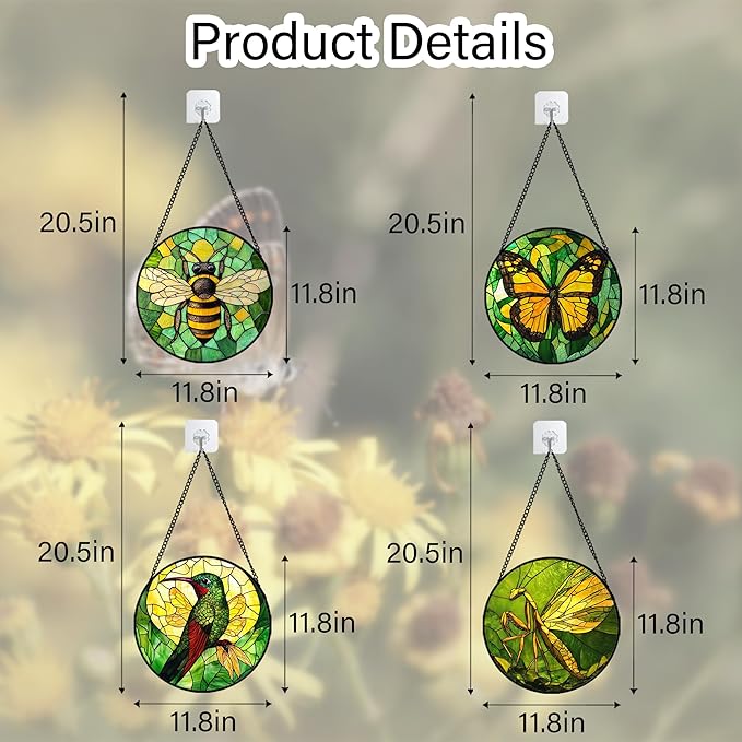 Stained Glass Window Hanging 4 Pcs Set Green Plants Yellow Insect Theme 6.3" - Suncatcher Door Garden Sun Catcher Decor Birthday Christmas for Mom Woman Nana Men