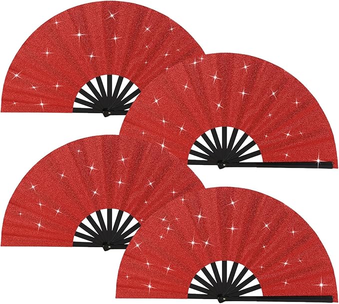 Huralona 4 Pack Large Folding Hand Clap Fan Fabric Rave Popping Glitter Fans Chinese Kung Fu Tai Chi Hand Fan Festival Dance Gift Performance Decorations (Glitter-Red)