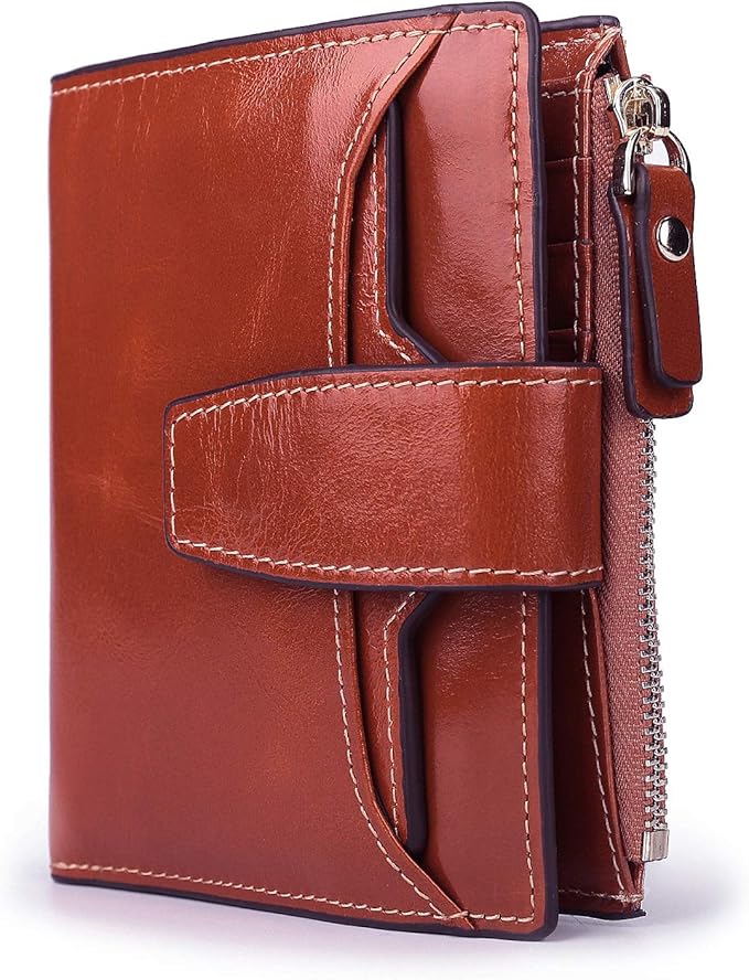 AINIMOER Women's RFID Blocking Leather Small Compact Bi-fold Zipper Pocket Wallet Card Case Purse with id Window