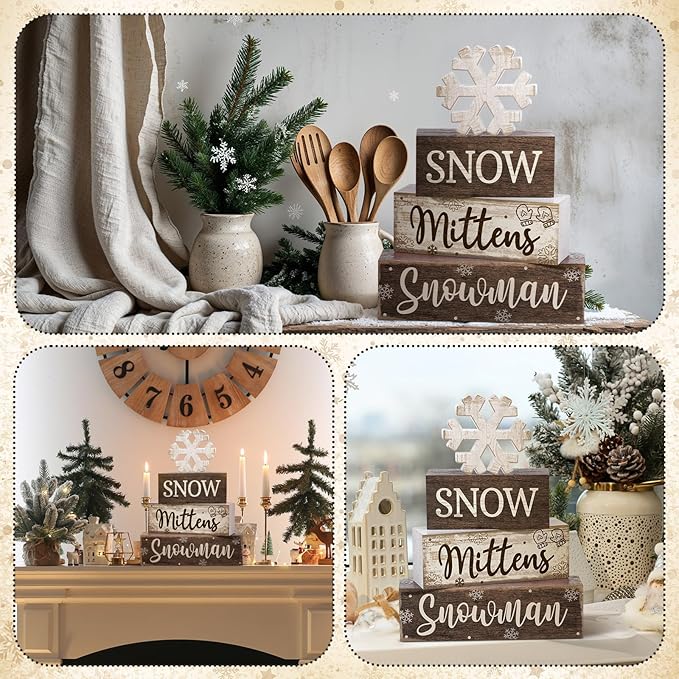 4 Pcs Winter Table Decorations Wooden Snowflake Decor Christmas Tiered Tray Decor Rustic Decorative Snowflake Block Sign Gift Winter Table Centerpiece for Wonderland Party Home Kitchen
