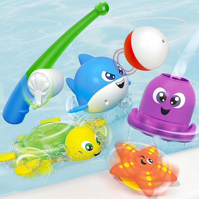 JOYIN Bath Fishing Toy Set for Toddlers - Magnetic Toy with Fishing Rod, Spinning Octopus and Starfish, Wind-up Shark and Turtle - Sensory Development for Infants