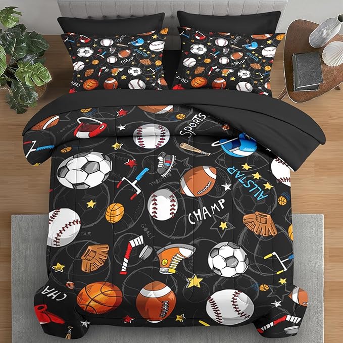 Comforter Set Twin Size, Basketball Football Baseball 5 Pcs Bedding for Kids and Adults, Hockey Soccer Sport Bed Sheet Sets with Fitted Sheet Pillowcase & Sham for Bedroom Bed Decor