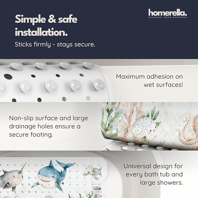 Homerella Baby Bath Tub Mat | Anti Mold Mildew Resistant Non Slip Kids and Adult Bath Tub Shower Mats | 40x16 inch Long with Suction Cups for Secure Grip Hooks for Storage & Drying | Machine Washable