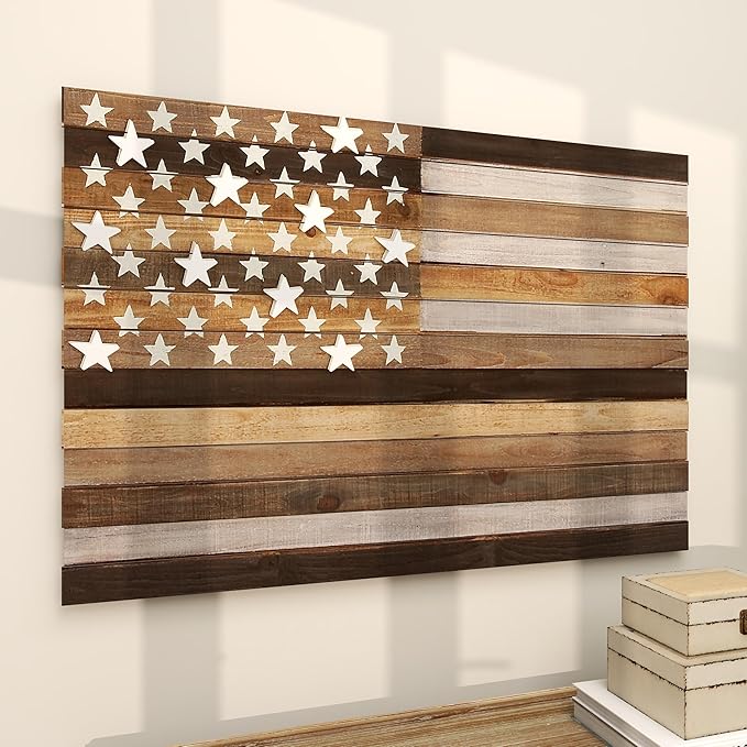 Deco 79 Wood American Flag Handmade Home Wall Decor Washed Wall Sculpture with Slatted Panels and Cream Stars, Wall Art 44" x 2" x 30", Brown
