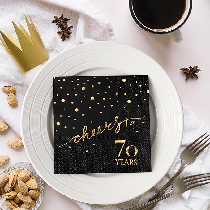 100 Pack of 70th Birthday Napkins, Cheers to 70 Cocktail 5x5 Inches Party Paper Napkins for Birthday Decorations Wedding Anniversary Black and Gold, 3-Ply