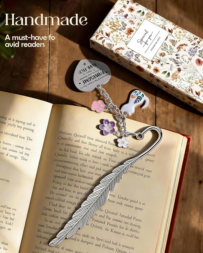 Buleens Bookmarks for Women Reading - Book Marks for Readers Book Lovers, Cute Feather Cat Paw Flower Personalized Metal Bookmark with Pendants, Pretty and Aesthetic Book Accessories Reading Gifts