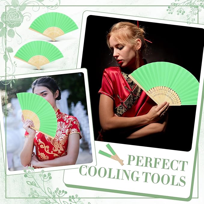 Yinkin 24 Pack Folding Fans Bamboo Handheld Folded Craft Hand Japanese Chinese Fans for Weddings Bridal Dancing Church DIY Decoration Women Gift Party Favors (Dark Green)