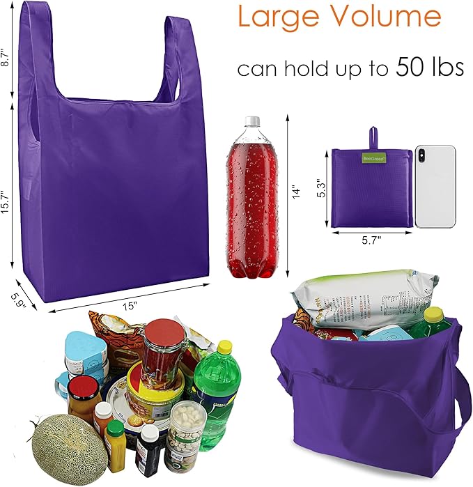 BeeGreen Purple Reusable Grocery Bags Wholesale Purple Reusable Kitchen Bags Bulk Foldable-Machine Washable with Zipper Storage Pouch 10 Packs