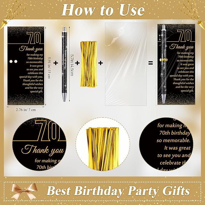 24 Set 70th Birthday Party Favor for Guests Anniversary Appreciation Gifts Birthday Glitter Ballpoint Pen and Thank You Cards for Women Men Years Party Favor Decoration Supplies