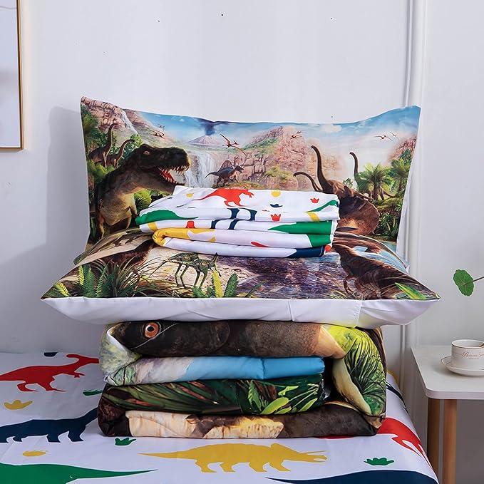 9 Piece Dinosaur Comforter Set Bed in a Bag Full Size for Teen Kids Adults,3D Jungle Dinosaur Quilt Set,(1 Comforter+4 Pillowcase+1 Flat Sheet+1 Fitted Sheet+2 Throw Pillow Cover)