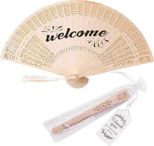 50 Pcs Wedding Fans Engraved Wooden Folding Hand Fans with Organza Bags, Wedding Party Favors for Guests, Bridal Shower & Summer Outdoor Ceremony (Style5,50)