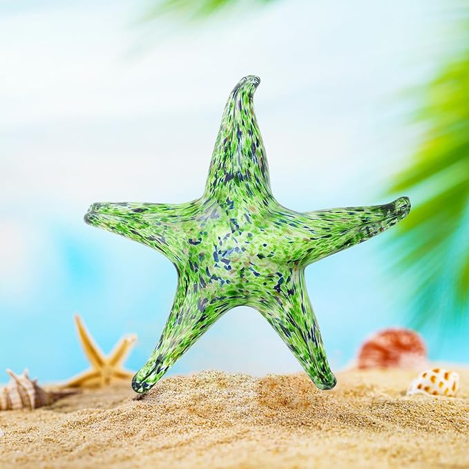 QFkris 7.8" Hand Blown Glass Starfish Figurines, Glass Sea Life Animal Ornaments for Home Decor, Star Fish Paperweight for Office Deck, for Mom Women