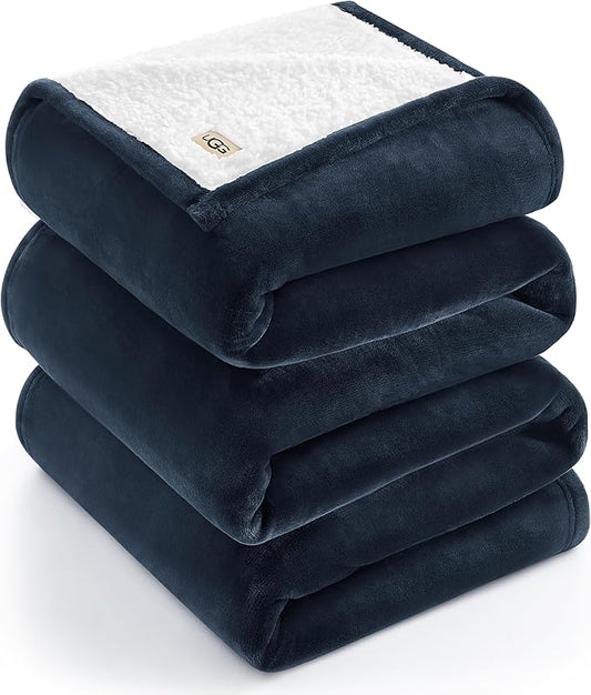 UGG Nita King/California King Blanket Fleece Fluffy Reversible Soft Fuzzy Bedding Cozy Plush Warm Oversized Blanket Machine Washable Bedroom Decor for Big Couch or Bed, 110-inch x 90-inch, Navy Blue
