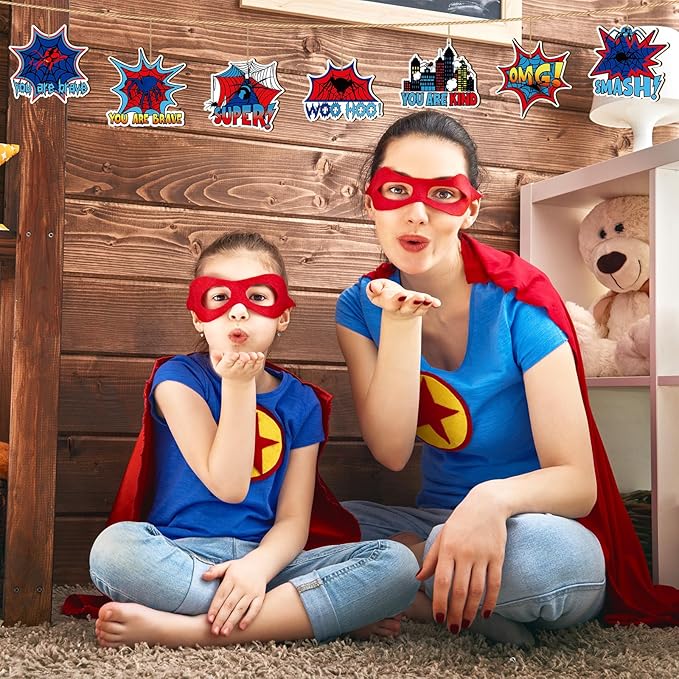 Yookeer 24 Pcs Spider Ornaments Red and Blue Spider Web Wooden Ornaments with Rope Hanging Spiders Decorations Hero Party Decor for Tree Home Wreath Decor