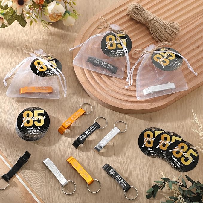 Dandat 54 Sets 85th Birthday Party Favors for Guests Birthday Opener Keychain Cheers to 85 Bottle Opener Keychain with Thank You Cards and Gift Bags for Anniversary Wedding Party Favors