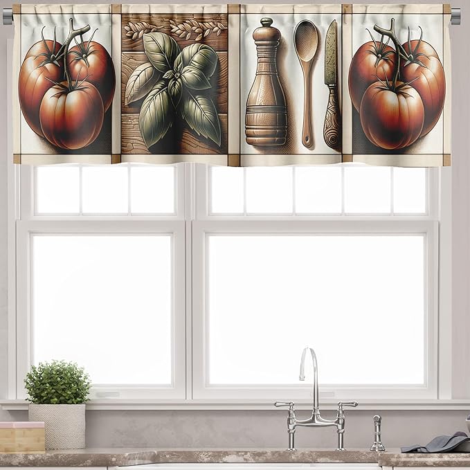 Ambesonne Farmhouse Window Valance, Modern Art of Leaves Huddle and Tomato Print with Beige Tone Lines, Curtain Valance for Kitchen Bedroom Decor with Rod Pocket, 54" X 18", Paprika Rust and Green