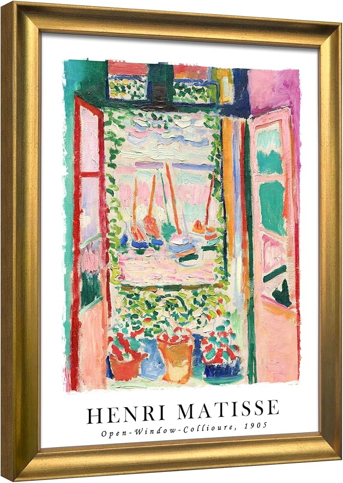 Wieco Art Large Framed Wall Art Open Window Collioure 1905 by Henri Mattise Abstract Colorful Art Matisse Posters Canvas Prints for Wall and Home Office Decorations Bronze Gold Frame