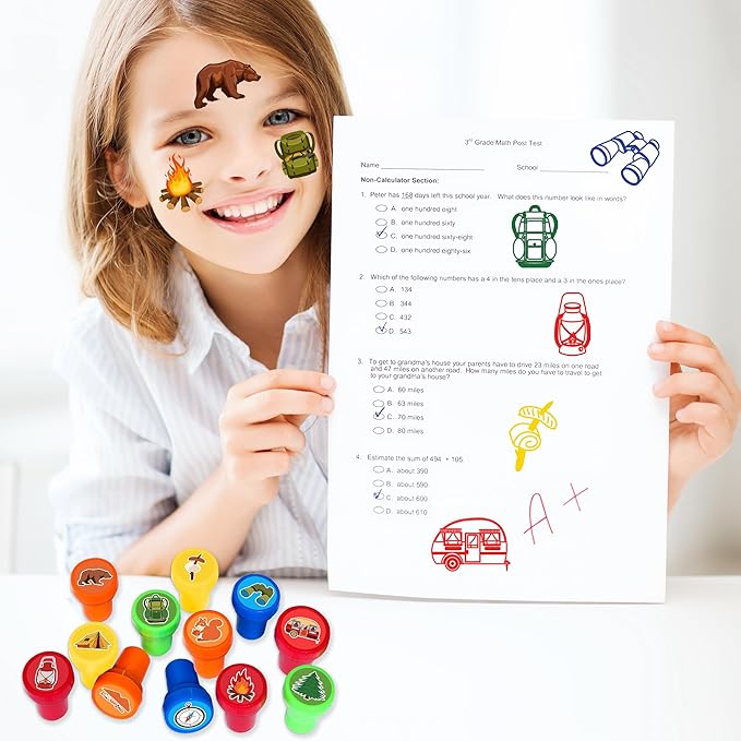 36PCS Camping Party Favors - 24PCS Temporary Tattoos & 12PCS Stamps - Ideal Adventure Themed Birthday Card Decorations Supplies Goodie Bag Cute Rewards for Boys Girls Classroom Gifts Baby Shower