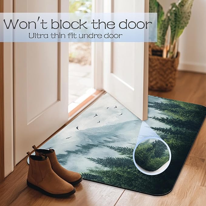 Misty Forest Bathroom Rug 29.5"x17",Green Tree Landscape Quick-Drying Super Absorbent Diatomite Bath Mat with Non-Slip Backing, Thin Washable Bathroom Floor Mat Fits Under Door for Shower, Sink