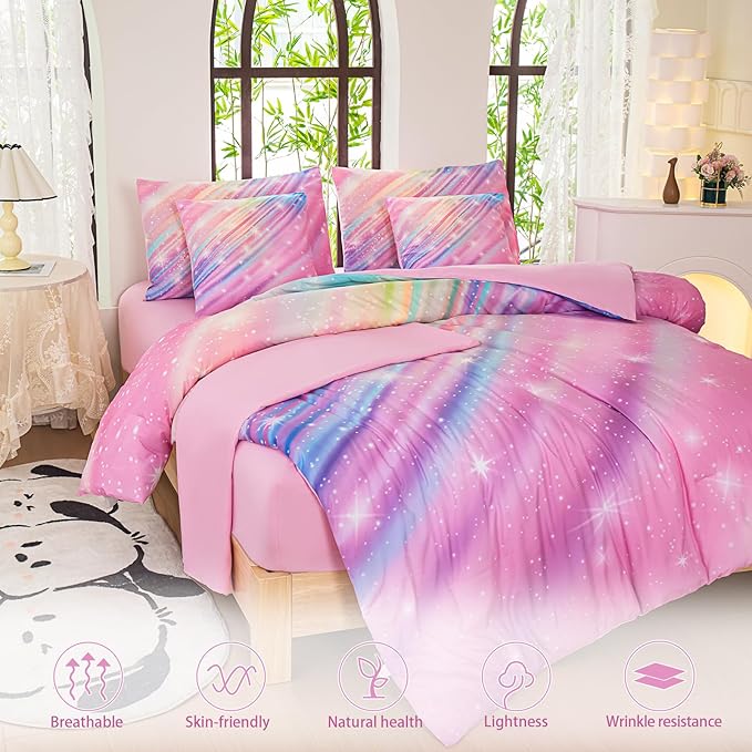 Full Comforter Set for Girls Galaxy Bedding 7pieces, Ombre Bedding Comforter Sets Rainbow Comforter, Twill Pink
