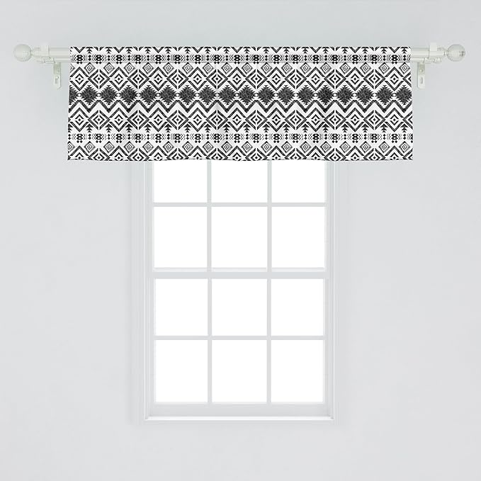 Ambesonne Tribal Window Valance Pack of 2, Black and White Hand-Drawn Tribal Sketched Mexican Aztec and Zigzags, Rod Pocket Curtain Valances for Kitchen Bedroom, 42" X 18", Dark Grey
