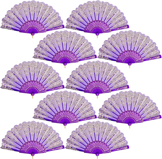 QIRMIZI 10 Pack Folding Handheld Fans,Silk Spanish Fan, Perfect for Weddings, Parties, and Dancing,Purple