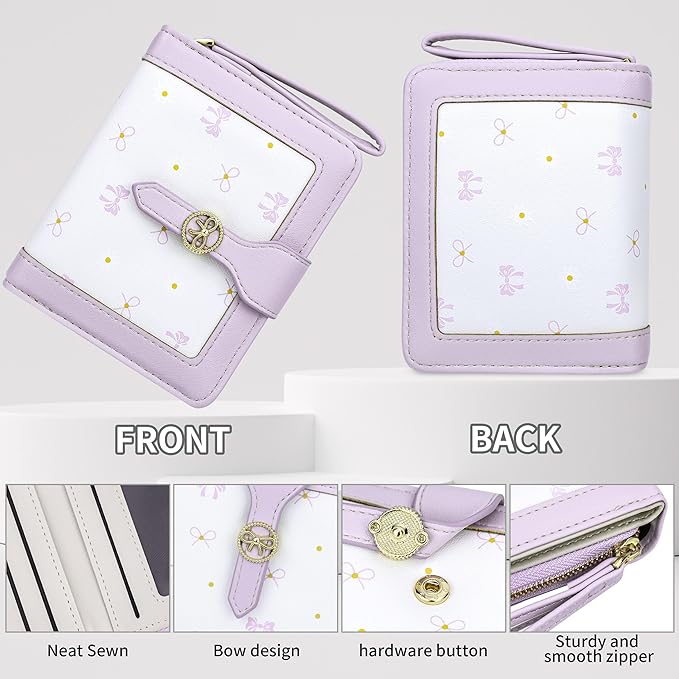 Womens Wallet Cute Small Purple Coquette Bow Wallets for Women with Bow Stuff Credit Card Holder and ID Window Kawaii Travel Cash Wallet for Ladies