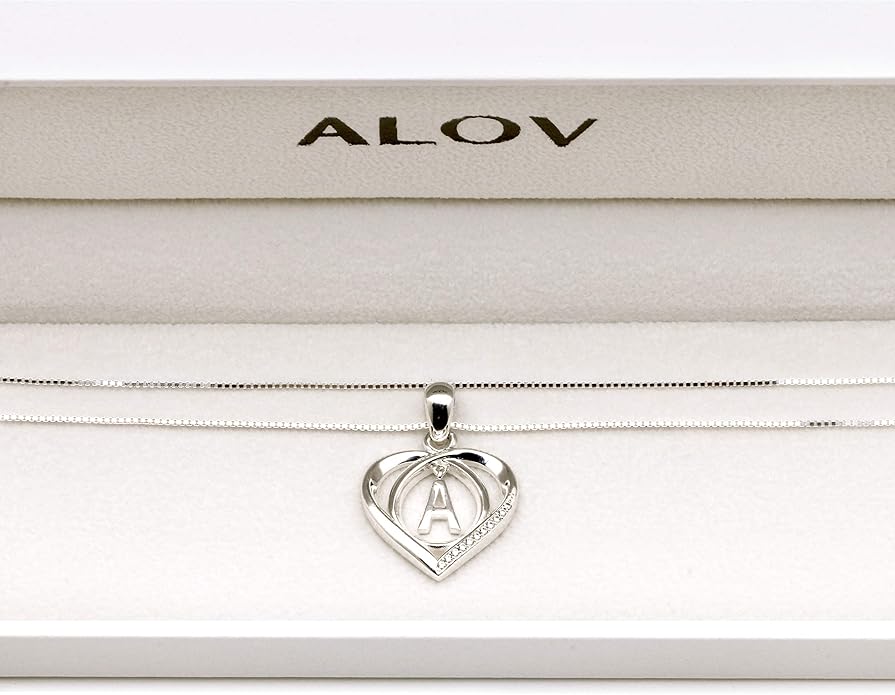 ALOV Jewelry Sterling Silver Initial Letter Alphabet Love Heart Cubic Zirconia Pendant Necklace
