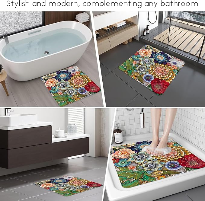 Bathtub Mat Non Slip, Bohemia Square Bath tub Mat Shower Floor Mat with Suction Cups for Adults Kids Elderly 21 X 21 Inch