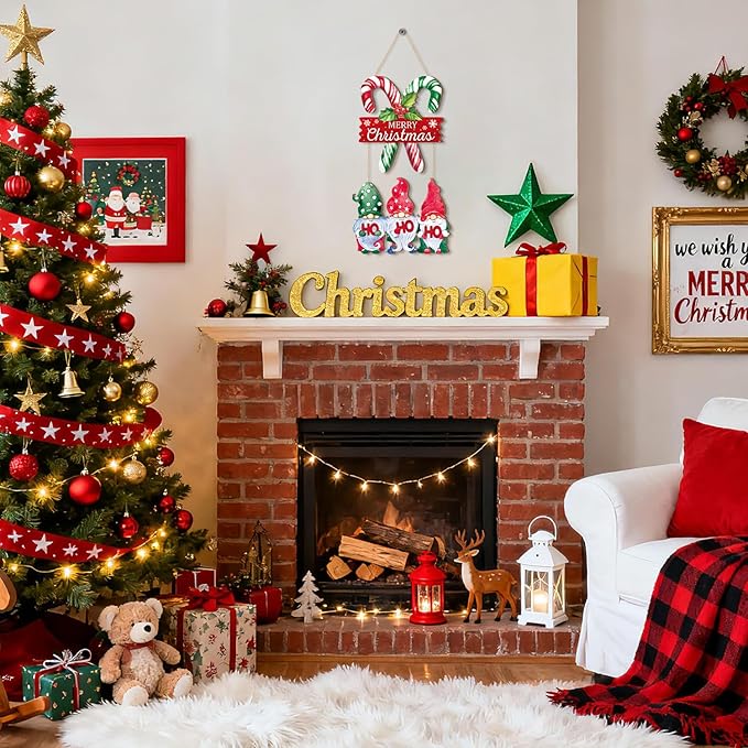 CHDITB Xmas Wooden Sign, Merry Christmas Wood Hanging Plaque, Candy Cane Holiday Front Door Sign, Dwarf Christmas Wall Art Sign Hanger, Xmas Seasonal Wall Decor for Outdoor Porch Yard Fireplace Decor