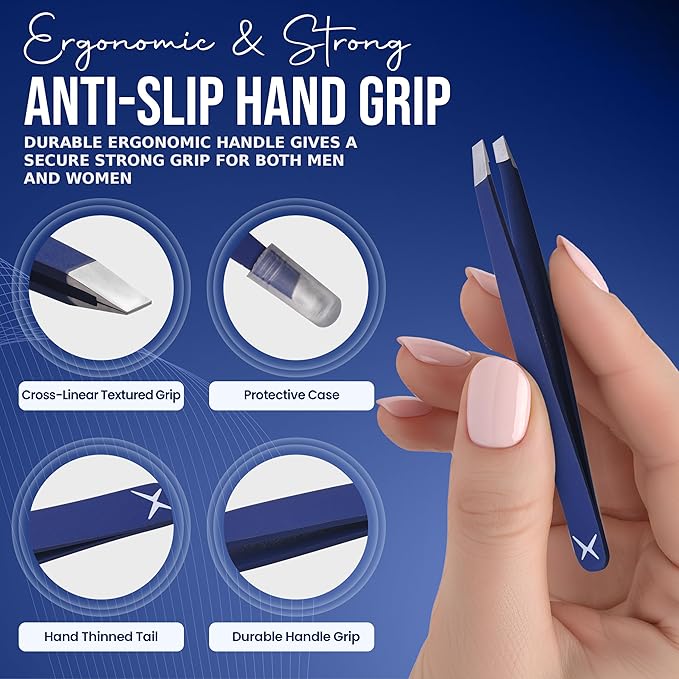 Slanted Stainless Steel Tweezers for Men & Women - Precision Eyebrow Tweezers for Facial Hairs, Strong Grip, Fine Tip, Professional Tweezer for Plucking & Grooming (Midnight Blue)
