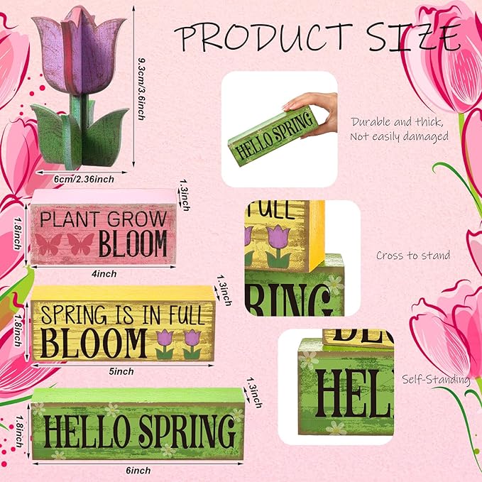 4 Pcs Spring Table Decorations Tulip Flower Wooden Signs Spring Tiered Tray Decor Wooden Tulip Block Signs Pastel Flower Table Centerpieces Decor for Home Kitchen Shelf Office