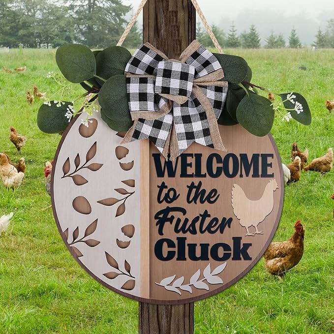 CHDITB Funny Chicken Wooden Sign, Rustic Farmhouse Wall Art Plaque, Chicken Coop Barnyard Hanging, Hen House Coop Round Sign,Welcome To The Fuster Cluck Door Hanger For Porch Outdoor Country Home Decor