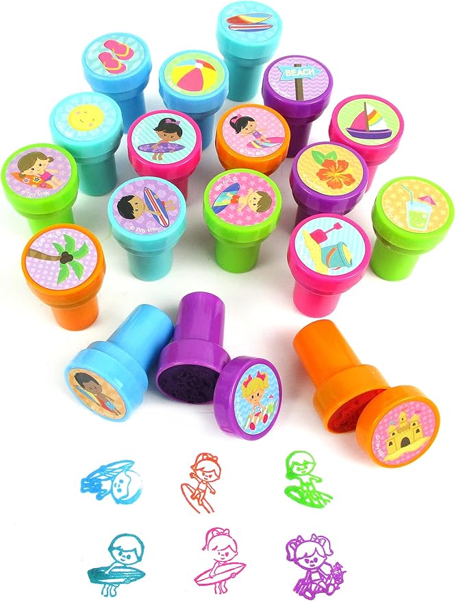 TINYMILLS 24 Pcs Summer Beach Pool Party Stamp for Kids Party Favors Pinata Fillers Carnival Prizes Camp Classroom Rewards