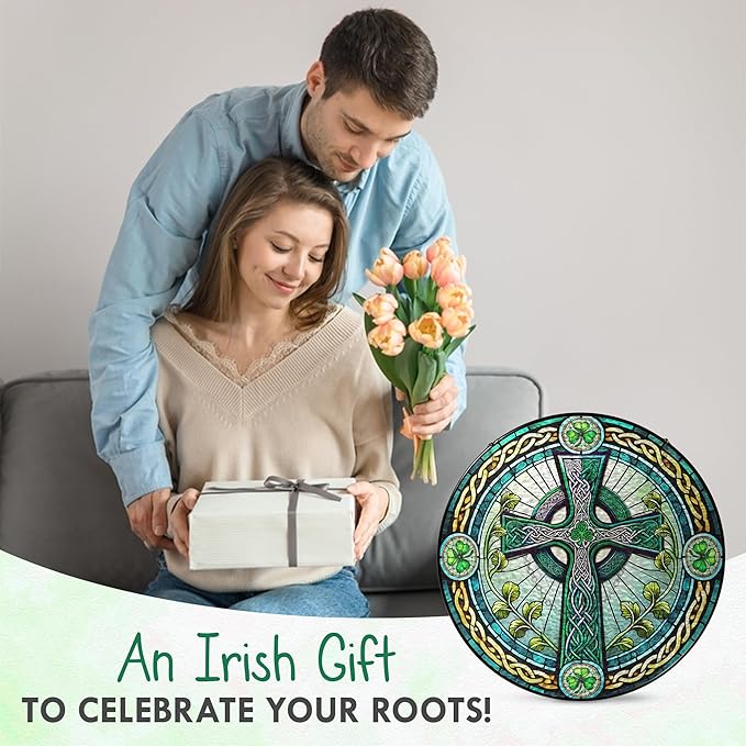 FLAGWIX Irish Gifts for Women Men - Stained Glass Hanging Suncatcher 10 in - Birthday Irish Decorations for Family Friends, Celtic Cross Spring Home Decor, St Patricks Day Decorations