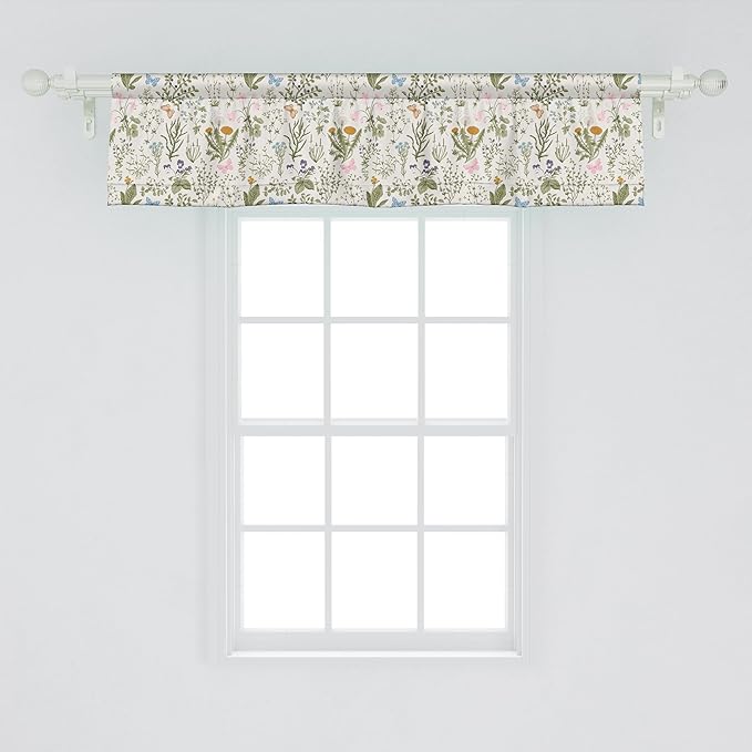 Ambesonne Vintage Window Valance Pack of 2, Garden Art Nature Theme with Herbs and Flowers Colorful Spring Season Elements, Rod Pocket Curtain Valances for Kitchen Bedroom, 54" X 12", Sage Green